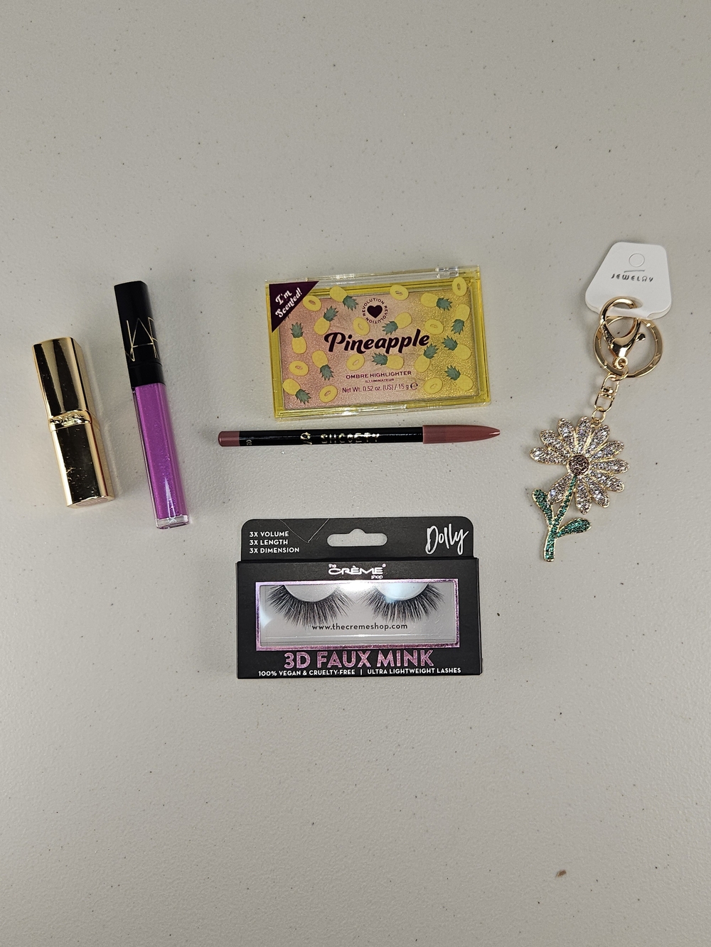 6 Piece Beauty Bundle Bag Charm, NARS, Eye Lashes, L'oreal Lipstick, Schoery Lin